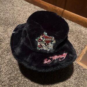 Ed Hardy Black Faux Fur Hat with Embroidered Design